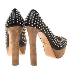 Pre Owned Prada Black Studded Leather Platform Pumps Size 38