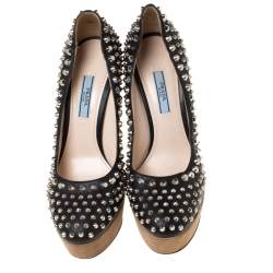 Pre Owned Prada Black Studded Leather Platform Pumps Size 38
