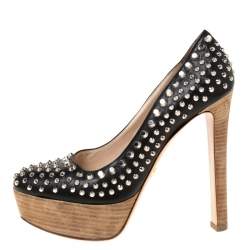 Pre Owned Prada Black Studded Leather Platform Pumps Size 38