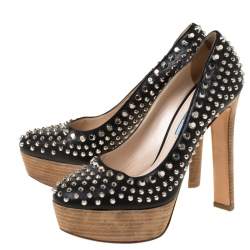 Pre Owned Prada Black Studded Leather Platform Pumps Size 38