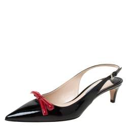 Pre Owned Prada Black/Red Patent Leather Bow Pointed Toe Slingback Sandals Size 38