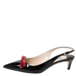 Pre Owned Prada Black/Red Patent Leather Bow Pointed Toe Slingback Sandals Size 38