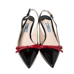 Pre Owned Prada Black/Red Patent Leather Bow Pointed Toe Slingback Sandals Size 38