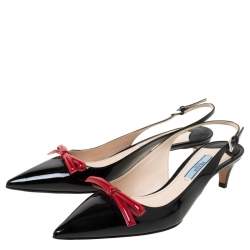 Pre Owned Prada Black/Red Patent Leather Bow Pointed Toe Slingback Sandals Size 38