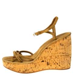 Prada Brown Criss Cross Suede Ankle Strap Cork Wedge Sandals Size 40