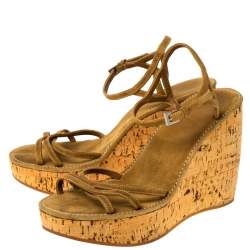 Prada Brown Criss Cross Suede Ankle Strap Cork Wedge Sandals Size 40