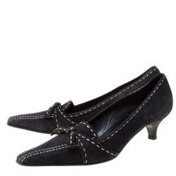 Pre Owned Prada Black Stitch Nubuck Leather Knot Pointed Toe Kitten Heel Pumps Size 37