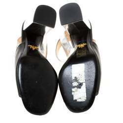 Prada Black/Silver Leather Ankle Strap Square Toe Ankle Strap Sandals Size 38