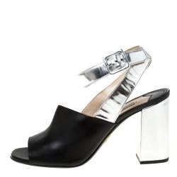 Prada Black/Silver Leather Ankle Strap Square Toe Ankle Strap Sandals Size 38