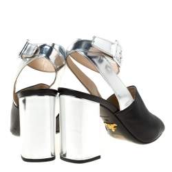 Prada Black/Silver Leather Ankle Strap Square Toe Ankle Strap Sandals Size 38