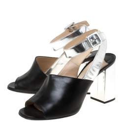 Prada Black/Silver Leather Ankle Strap Square Toe Ankle Strap Sandals Size 38