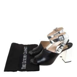 Prada Black/Silver Leather Ankle Strap Square Toe Ankle Strap Sandals Size 38