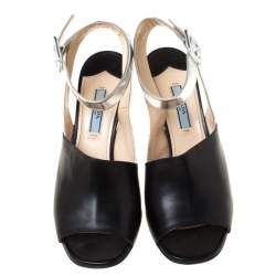 Prada Black/Silver Leather Ankle Strap Square Toe Ankle Strap Sandals Size 38