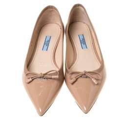 Pre Owned Prada Beige Patent Leather Pointed Toe Bow Ballet Flats Size 36
