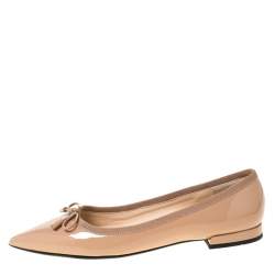 Pre Owned Prada Beige Patent Leather Pointed Toe Bow Ballet Flats Size 36