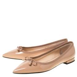 Pre Owned Prada Beige Patent Leather Pointed Toe Bow Ballet Flats Size 36