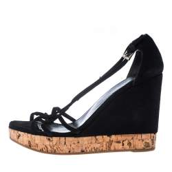 Pre Owned Prada Black Suede Strappy Cork Wedge Platform Sandals Size 37