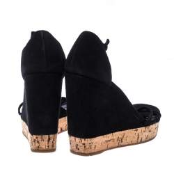 Pre Owned Prada Black Suede Strappy Cork Wedge Platform Sandals Size 37