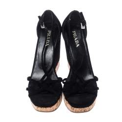 Pre Owned Prada Black Suede Strappy Cork Wedge Platform Sandals Size 37