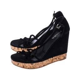 Pre Owned Prada Black Suede Strappy Cork Wedge Platform Sandals Size 37
