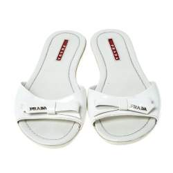 Pre Owned Prada White Patent Leather Bow Flats Size 36