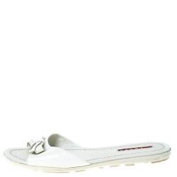 Pre Owned Prada White Patent Leather Bow Flats Size 36