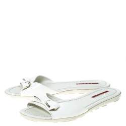 Pre Owned Prada White Patent Leather Bow Flats Size 36