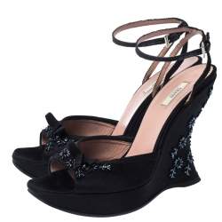 Prada Black Satin Embellished Platform Ankle Strap Sandals Size 37.5