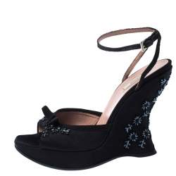Prada Black Satin Embellished Platform Ankle Strap Sandals Size 37.5