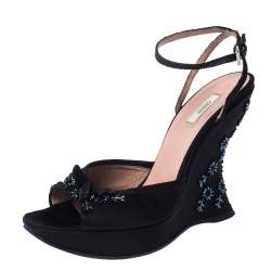 Prada Black Satin Embellished Platform Ankle Strap Sandals Size 37.5