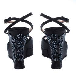 Prada Black Satin Embellished Platform Ankle Strap Sandals Size 37.5