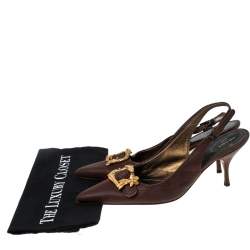 Pre Owned Prada Brown Leather Gold Buckle Slingback Pointed Toe Pumps Size 39