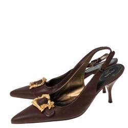 Prada Brown Leather Gold Buckle Slingback Pointed Toe Pumps Size 39