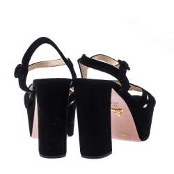 Pre Owned Prada Black Suede Ankle Strap Platform Block Heel Sandals Size 41