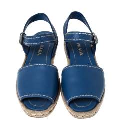 Pre Owned Prada Blue Leather Espadrille Flat Sandals Size 39.5