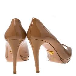 Pre Owned Prada Dark Beige Patent Peep Toe Platform Pumps Size 38