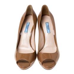 Pre Owned Prada Dark Beige Patent Peep Toe Platform Pumps Size 38