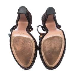 Prada Black Patent Leather Raffia Platform Ankle Strap Sandals Size 39.5