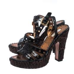 Prada Black Patent Leather Raffia Platform Ankle Strap Sandals Size 39.5
