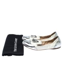 Pre Owned Prada Sport Metallic Silver And White Brogue Patent Leather Tessel Scrunch Ballet Flats Size 39