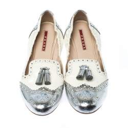 Pre Owned Prada Sport Metallic Silver And White Brogue Patent Leather Tessel Scrunch Ballet Flats Size 39