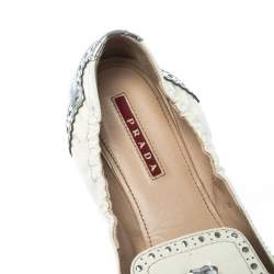Pre Owned Prada Sport Metallic Silver And White Brogue Patent Leather Tessel Scrunch Ballet Flats Size 39