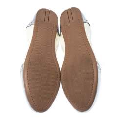 Pre Owned Prada Sport Metallic Silver And White Brogue Patent Leather Tessel Scrunch Ballet Flats Size 39