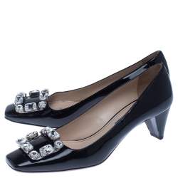 Prada Black Patent Leather Embellished Square Toe Pumps Size 37.5