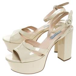 Pre Owned Prada Cream Patent Leather Ankle Strap Block Heel Platform Sandals Size 40.5
