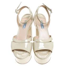 Pre Owned Prada Cream Patent Leather Ankle Strap Block Heel Platform Sandals Size 40.5