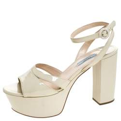 Pre Owned Prada Cream Patent Leather Ankle Strap Block Heel Platform Sandals Size 40.5