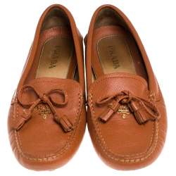 Pre Owned Prada Orange Saffiano Leather Bow Tassel Loafers Size 37