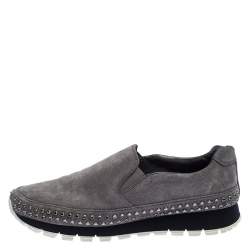 Pre Owned Prada Sport Grey Suede Crystal Embellished Slip On Sneakers Size 39.5