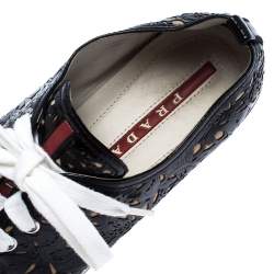 Pre Owned Prada Sport Black Laser Cut Leather Lace Up Low Top Sneakers Size 36.5